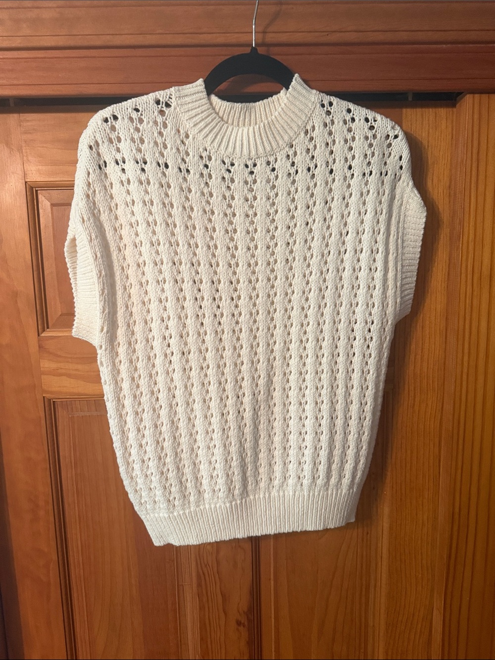 LOFT Cream Openwork Short-Sleeve Crew Sweater